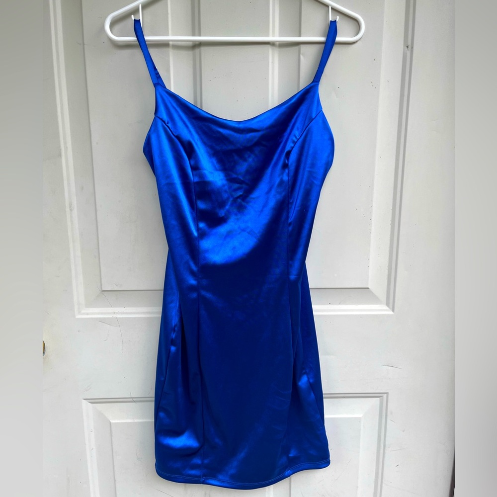 Iris Satin Cowl Neck Bodycon Cobalt Blue Ruched Mini Cami Cocktail Dress Size M
